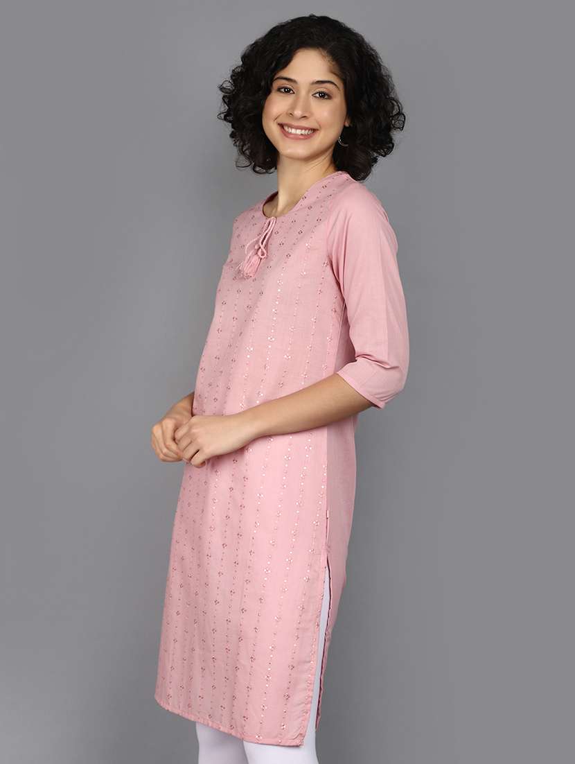 women pink tie-up neck straight kurta - 21176501 -  Standard Image - 1
