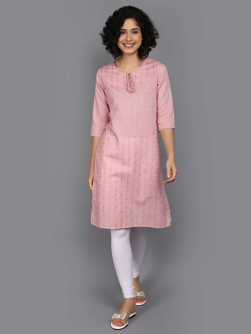 women pink tie-up neck straight kurta - 21176501 -  Standard Image - 4