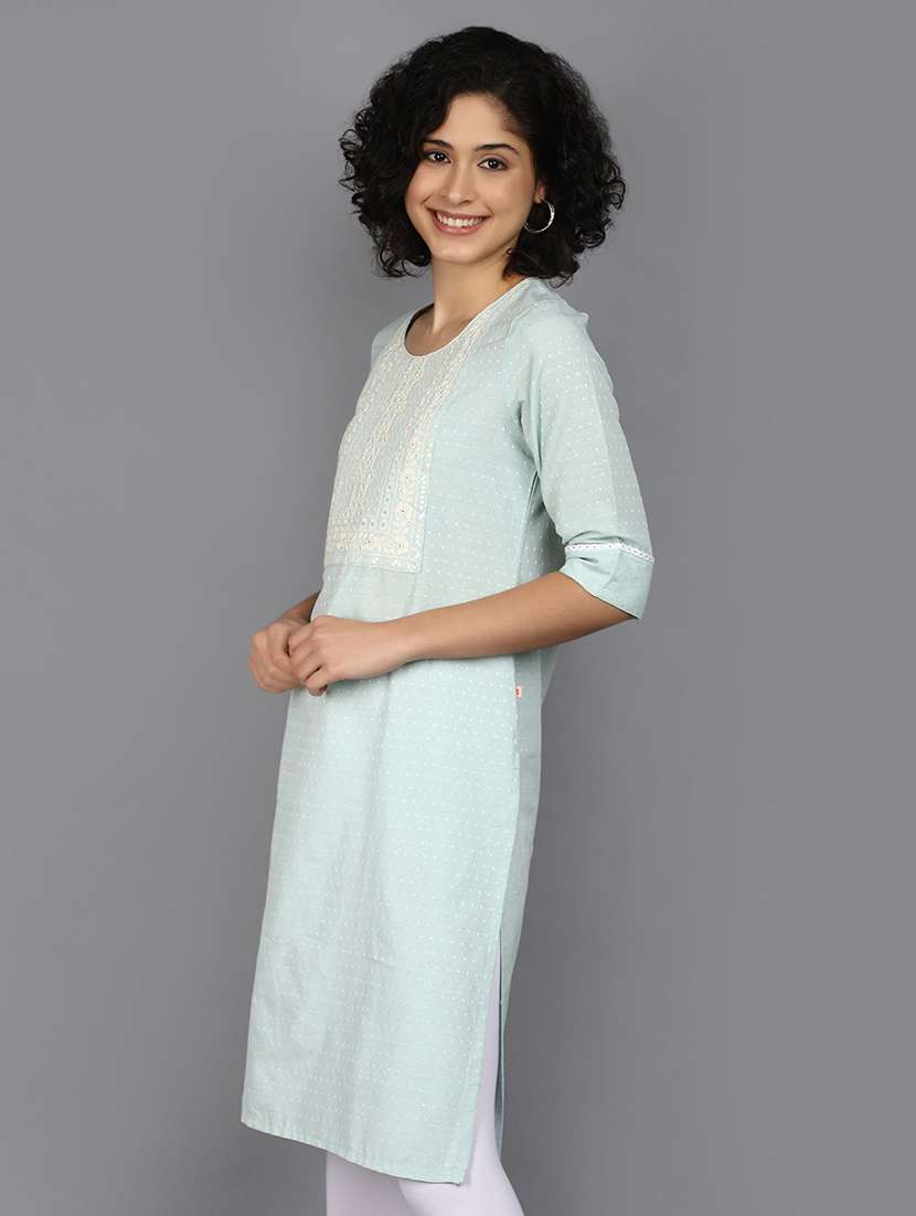 women light blue round neck straight kurta - 21176502 -  Standard Image - 1