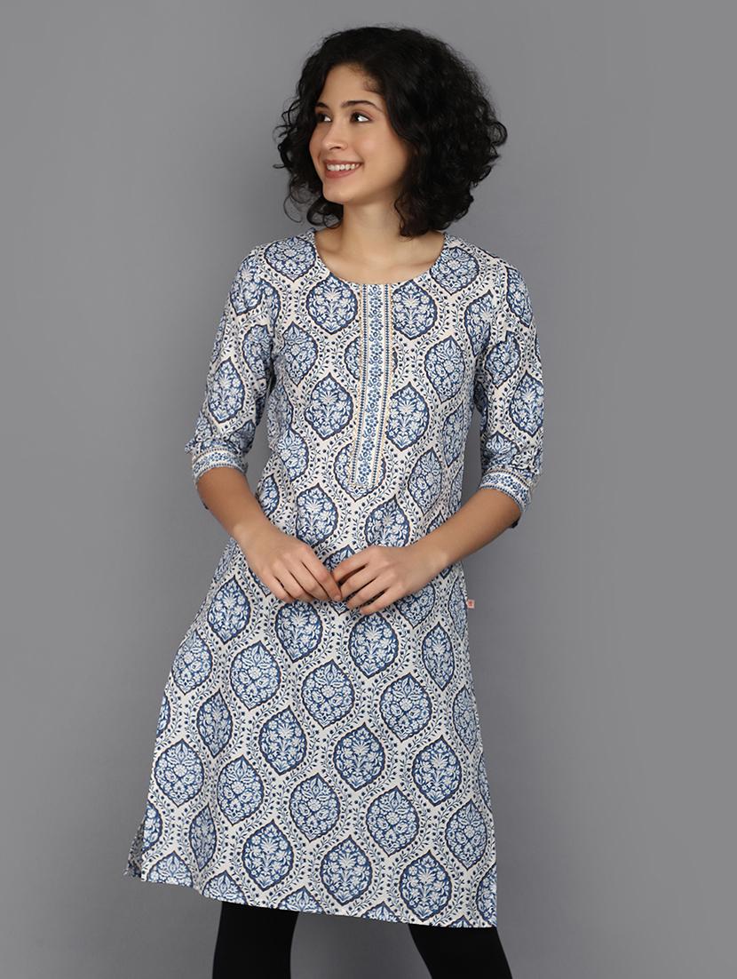 women blue round neck straight kurta - 21176505 - Zoom Image - 0