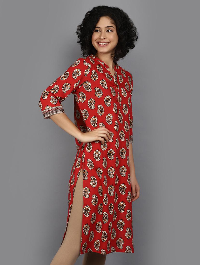 women maroon mandarin neck straight kurta - 21176508 - Standard Image - 1