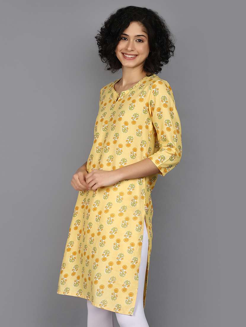 women yellow notch neck straight kurta - 21176510 -  Standard Image - 1