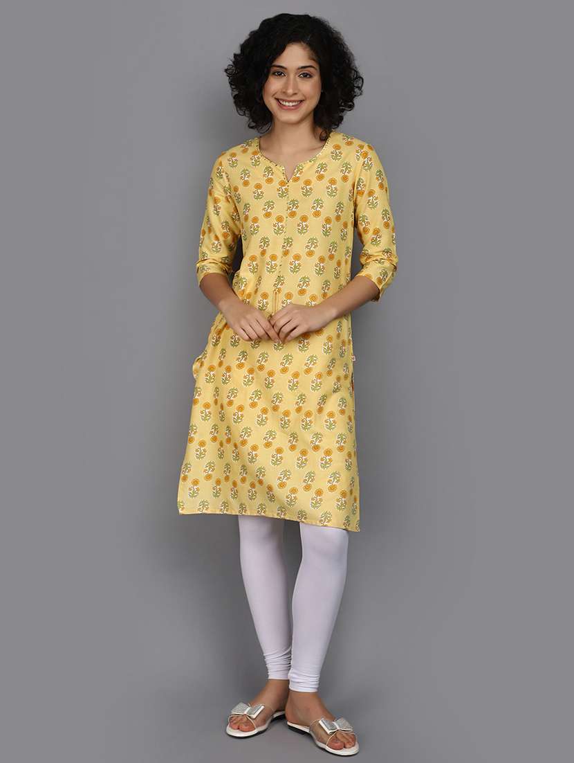 women yellow notch neck straight kurta - 21176510 -  Standard Image - 4