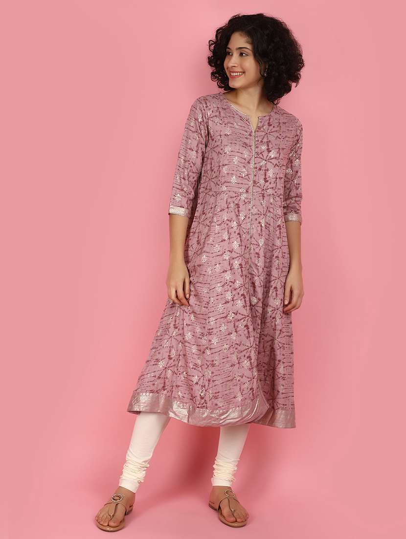women mauve notch neck flared kurta