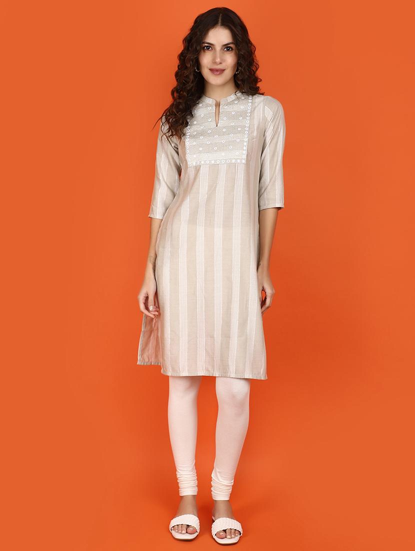 women beige mandarin neck straight kurta - 21176530 - Standard Image - 4