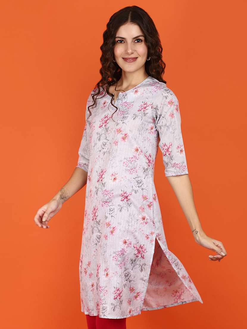 women off-white notch neck straight kurta - 21176535 -  Standard Image - 1