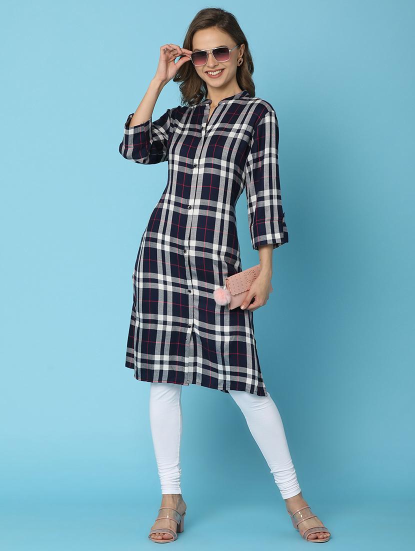 women navy blue mandarin neck a-line kurta - 21176574 - Standard Image - 1