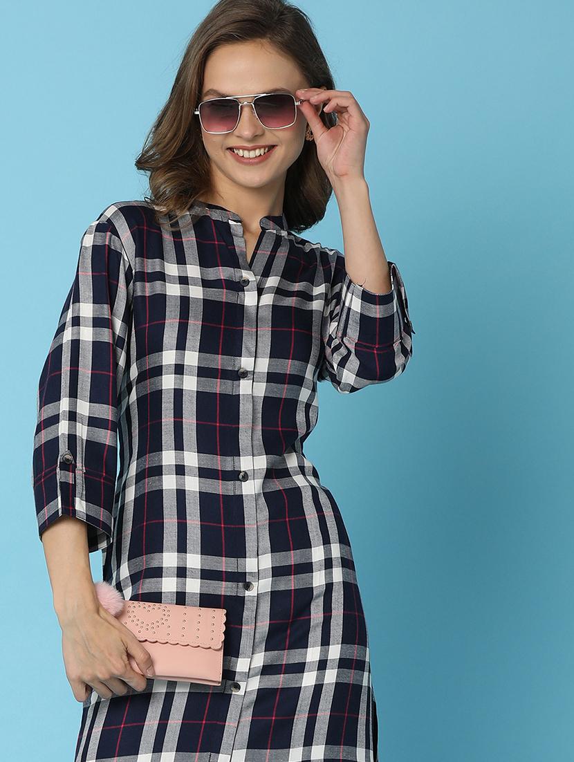 women navy blue mandarin neck a-line kurta - 21176574 - Standard Image - 4