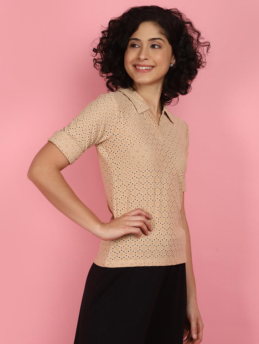 women beige schiffli work collared top - 21176596 -  Standard Image - 1