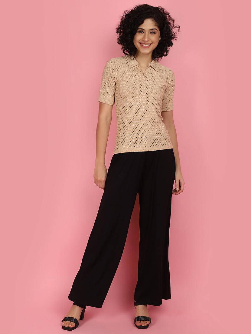 women beige schiffli work collared top - 21176596 - Standard Image - 4