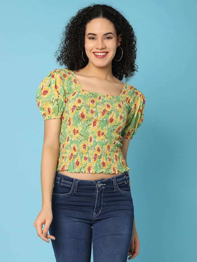 women printed puff sleeves crop top - 21176598 - Zoom Image - 0