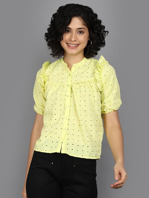 women yellow schiffli work short sleeves top - 21176601 -  Standard Image - 0