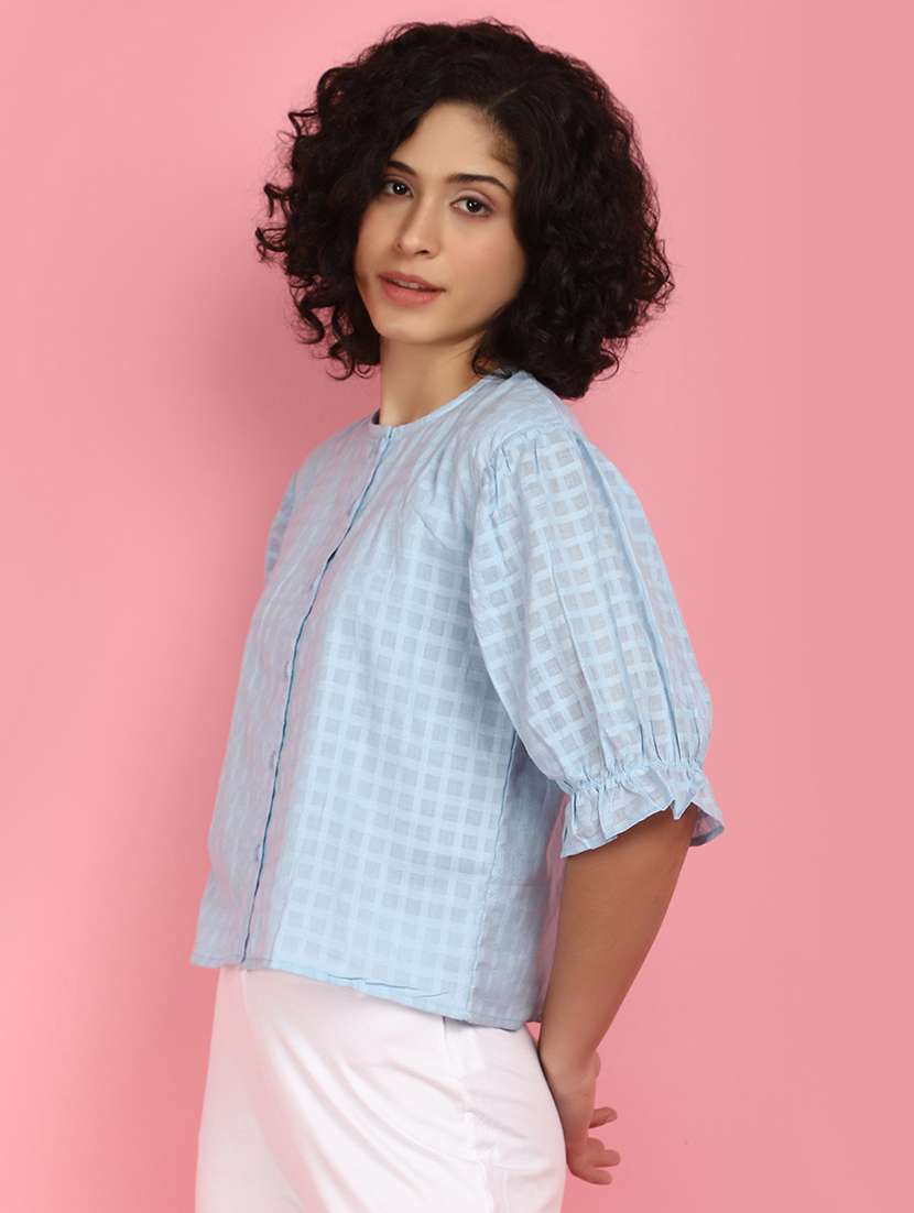 women light blue round neck self design top - 21176604 -  Standard Image - 1