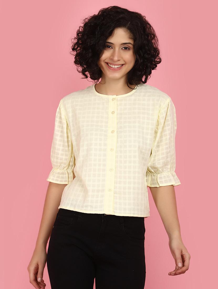 women yellow round neck self design top - 21176605 -  Zoom Image - 0