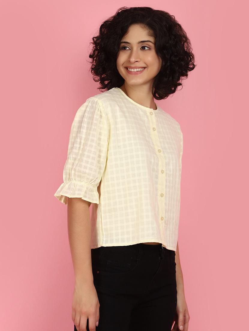 women yellow round neck self design top - 21176605 -  Standard Image - 1