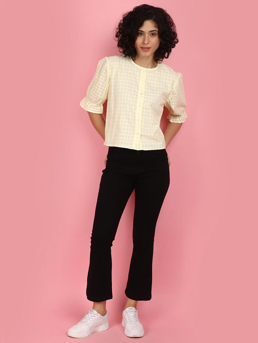 women yellow round neck self design top - 21176605 - Standard Image - 4