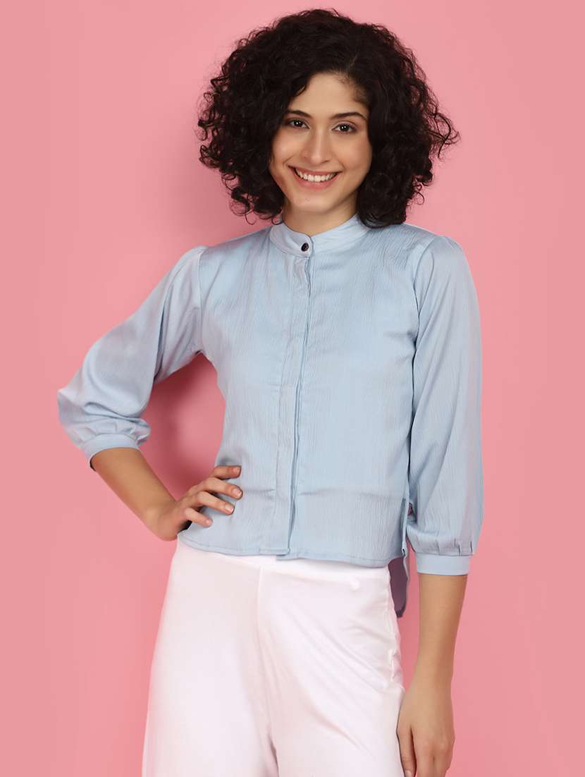 women light blue solid mandarin neck top