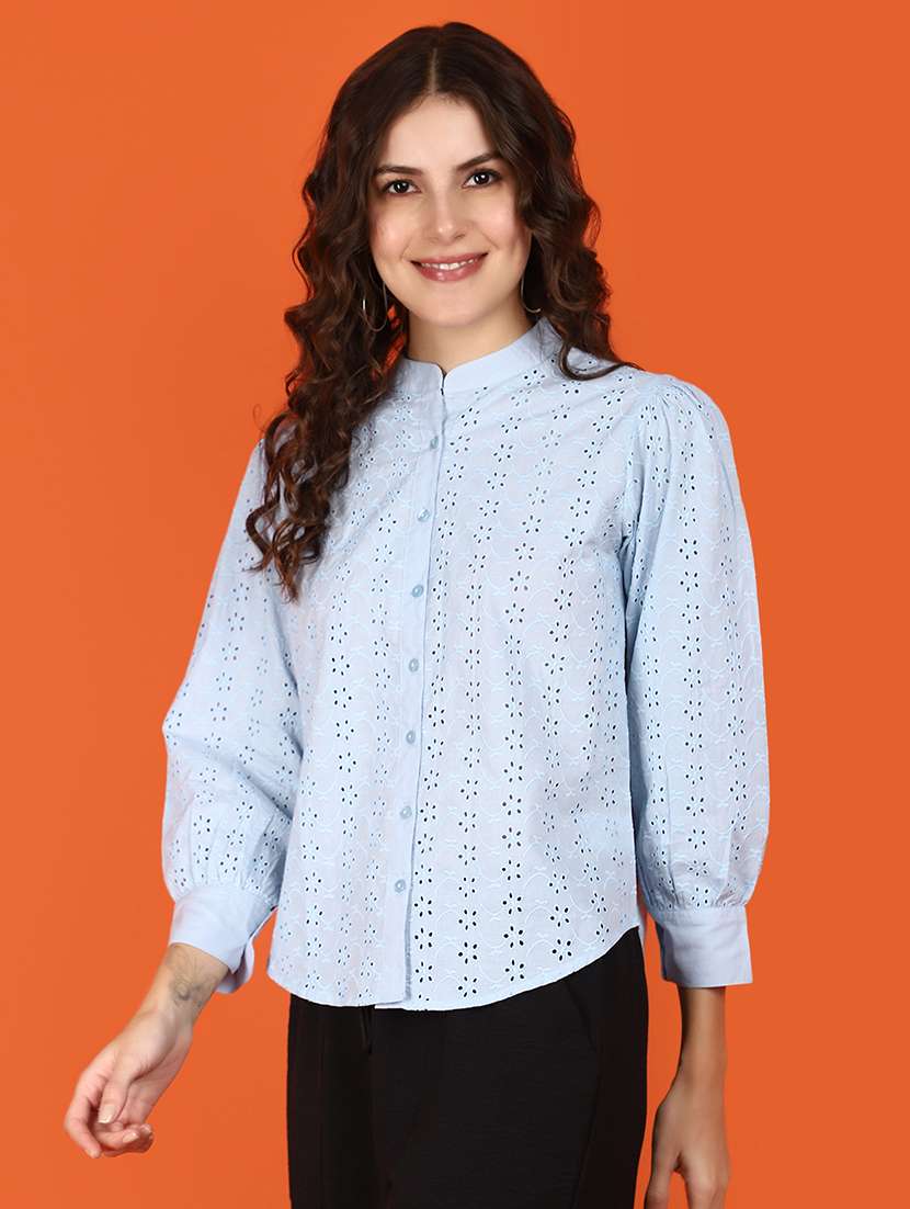 women light blue schiffli work top