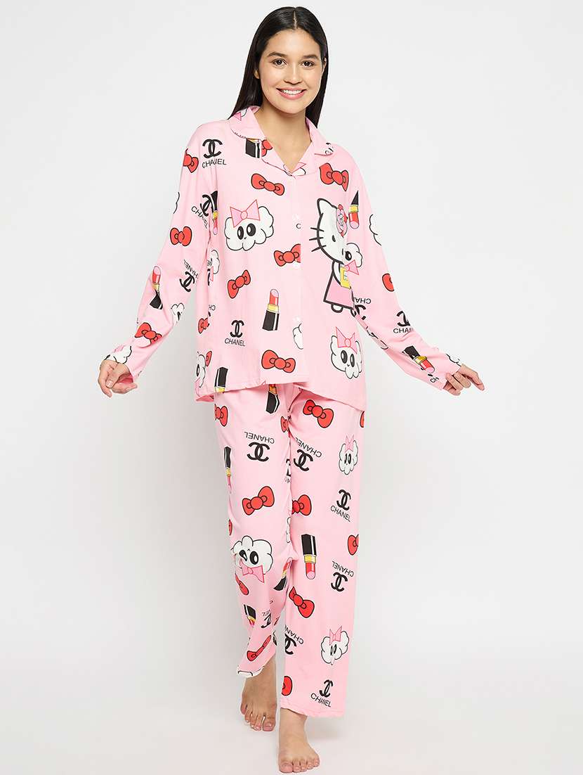 women pink printed nightwear pyjama set