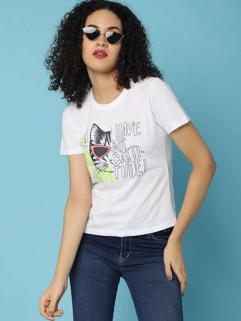 women chest print round neck t-shirt - 21176855 -  Standard Image - 1