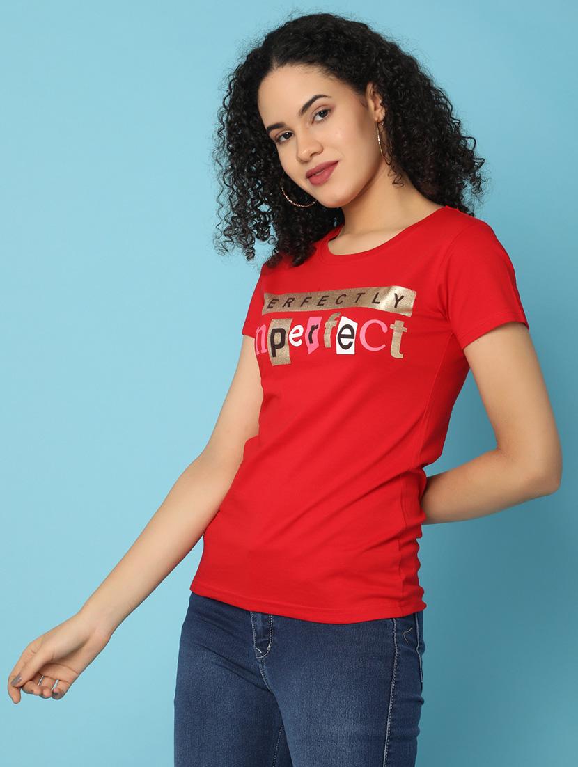women chest print round neck t-shirt - 21176888 - Standard Image - 1