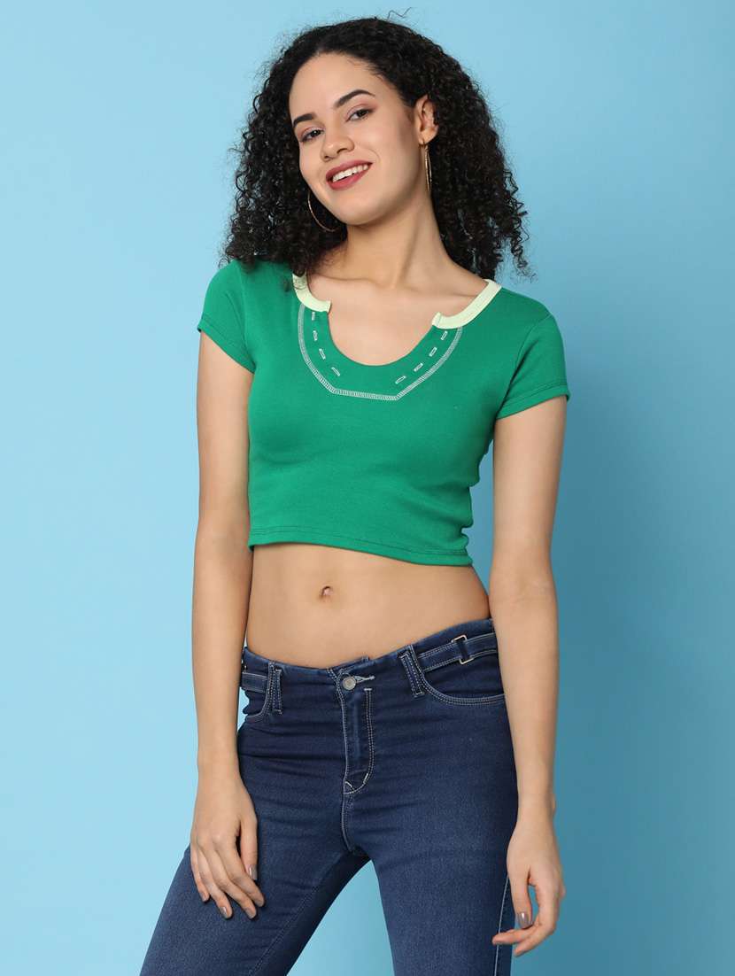women solid short sleeves crop top - 21176903 -  Standard Image - 1