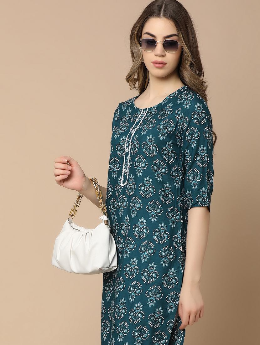 teal rayon straight kurta - 21177352 - Standard Image - 4