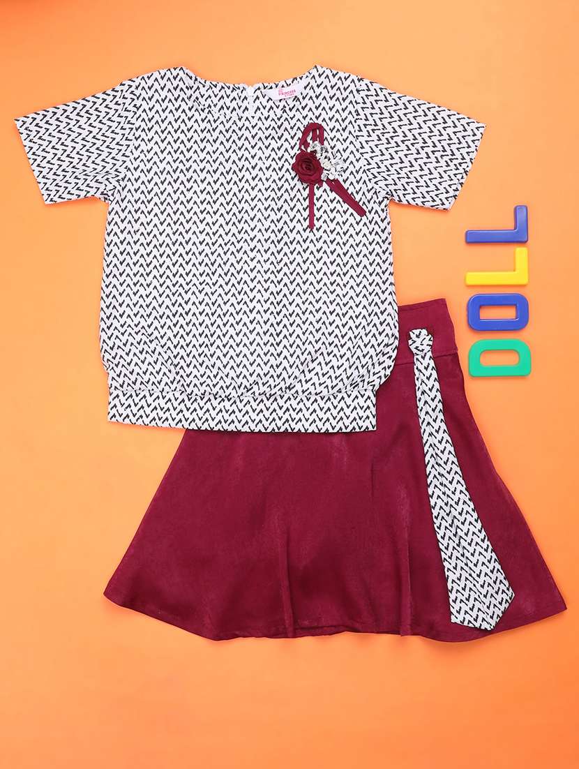 girls white printed skirt top