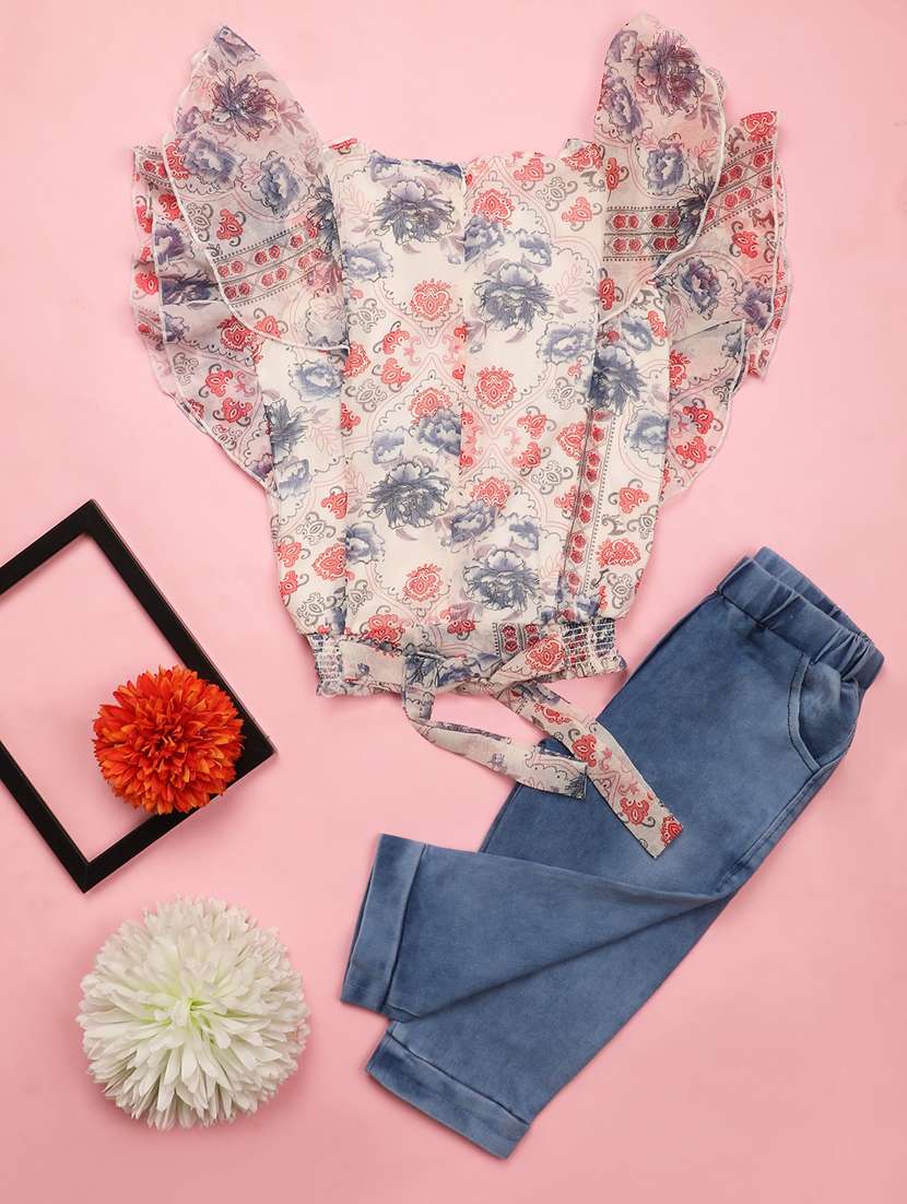 girls off-white florals printed full length sets - 21177603 -  Standard Image - 1