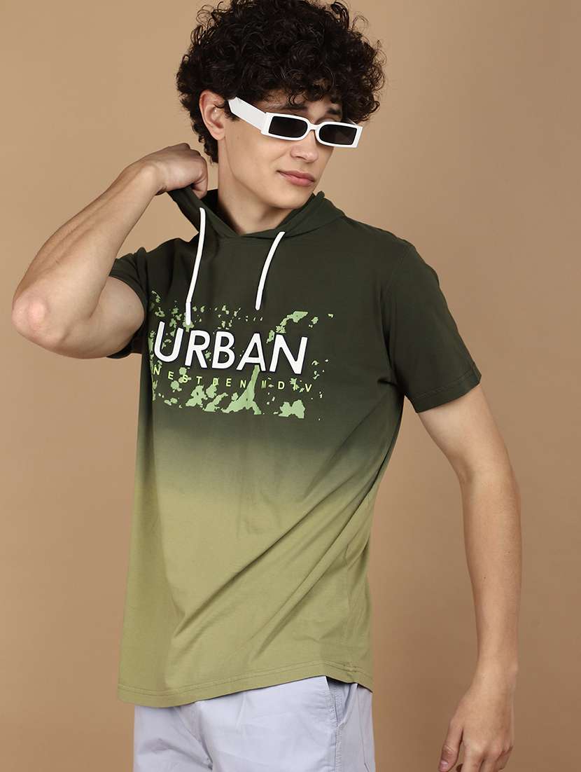 olive green hood neck printed t-shirt - 21177970 -  Standard Image - 1