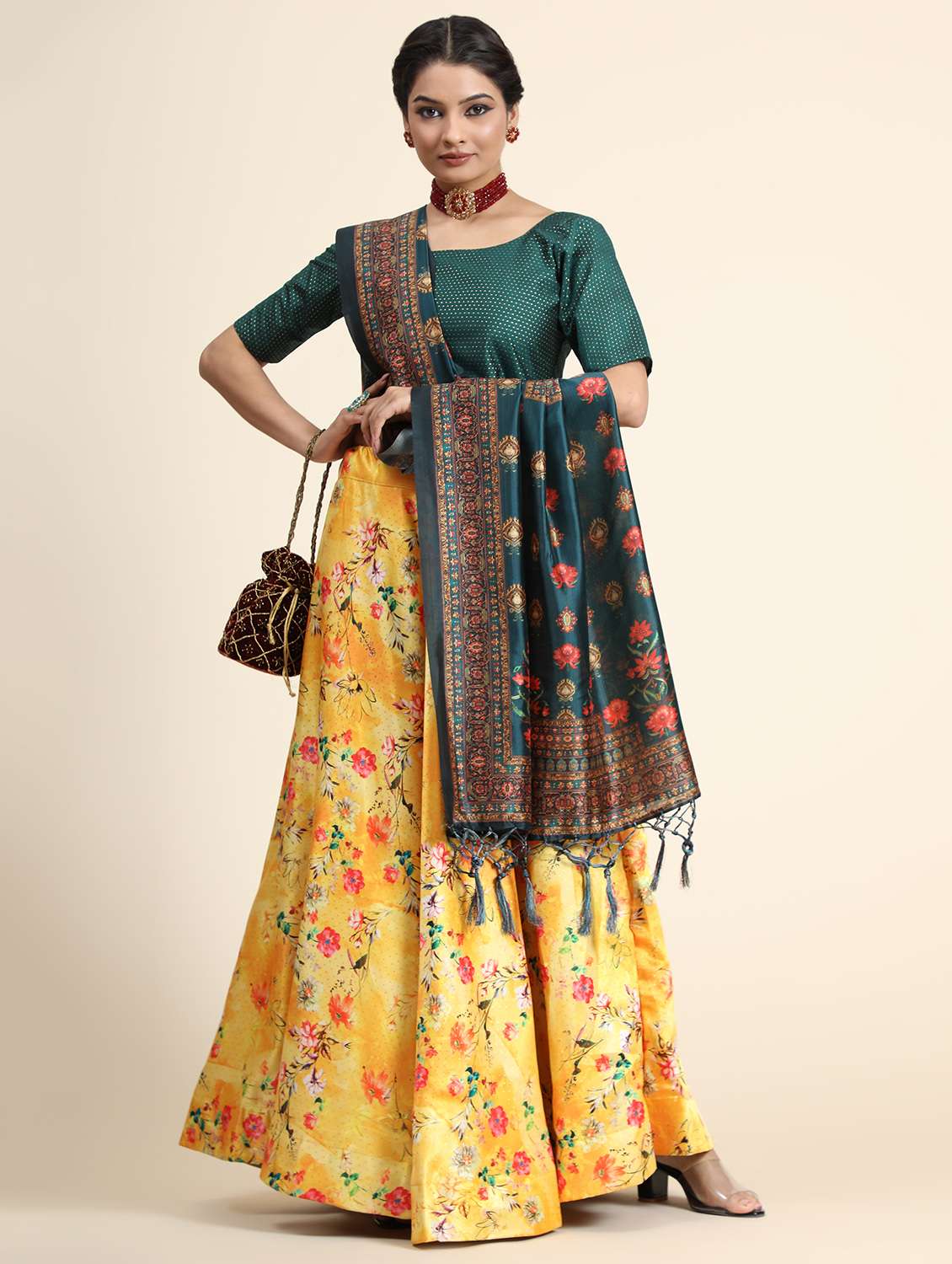 yellow satin blend flared lehenga - 21178046 -  Standard Image - 1