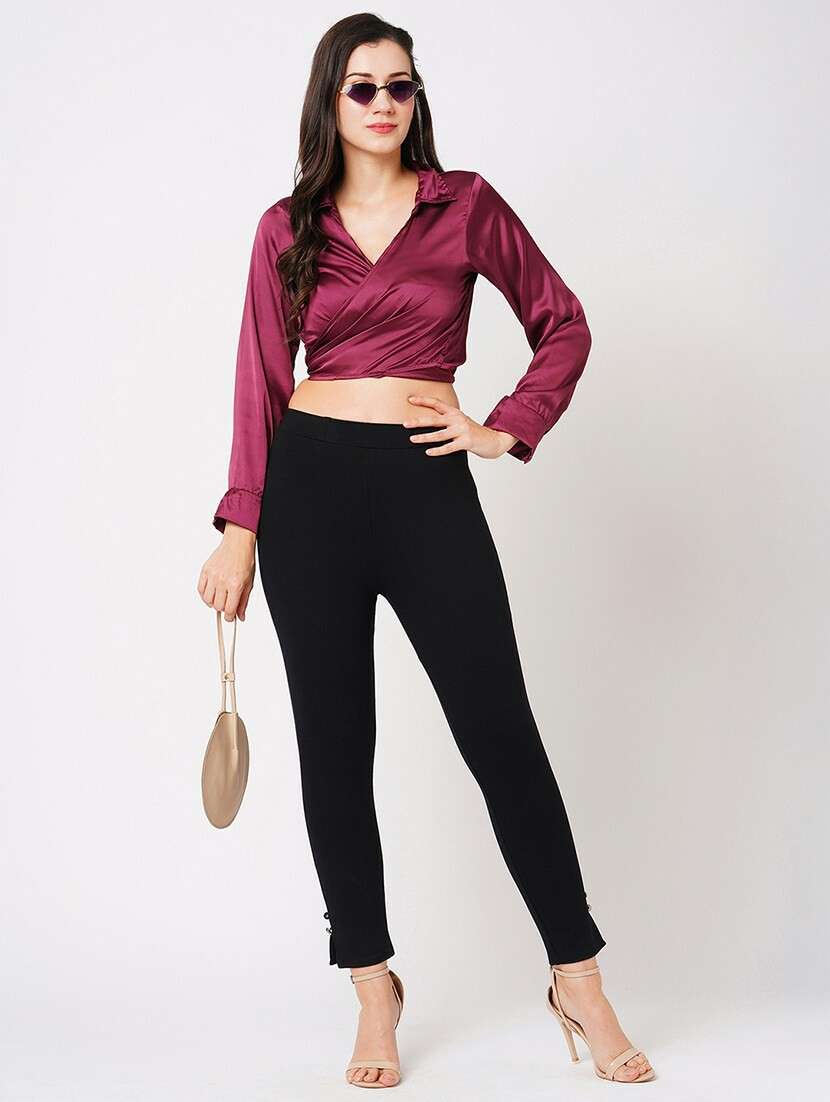 globus women black stretchable mid-rise woven skinny fit workwear treggings