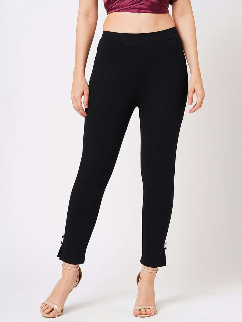 globus women black stretchable mid-rise woven skinny fit workwear treggings - 21178313 - Standard Image - 1