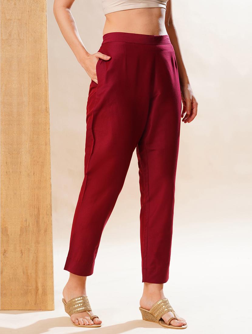 globus women maroon back elasticated mid-rise flat front festive pants - 21178321 - Standard Image - 1