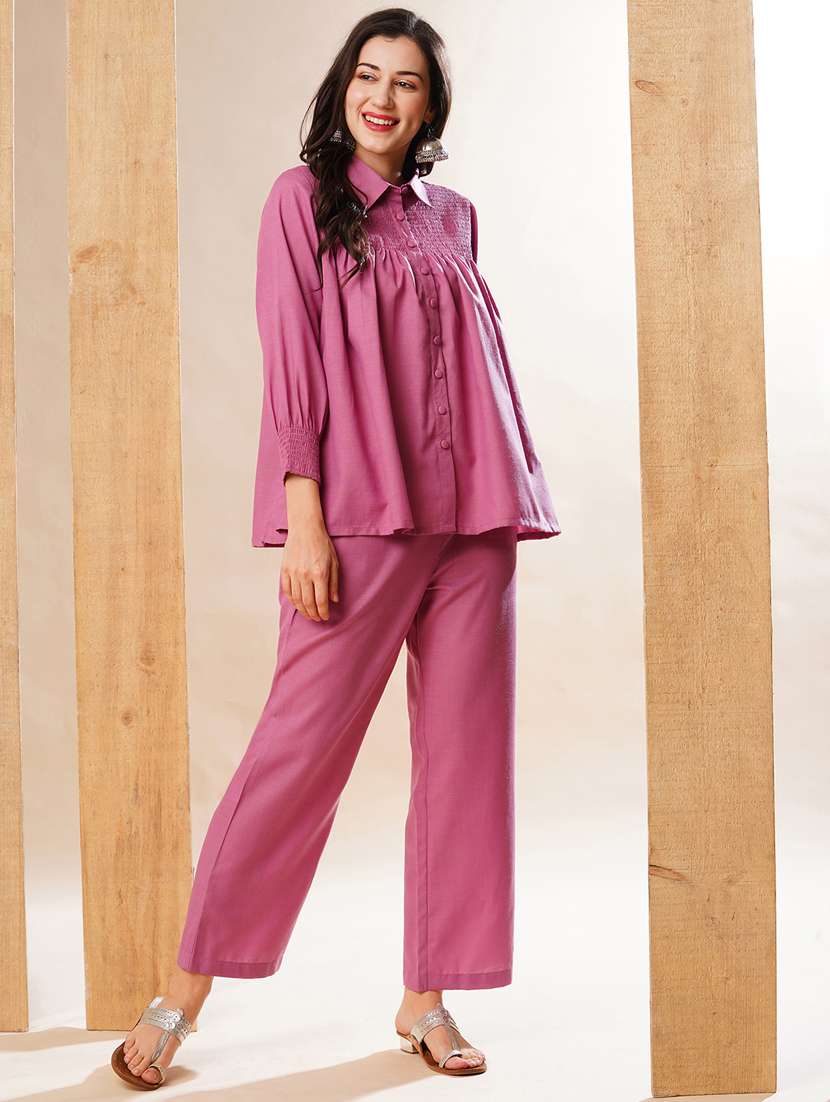 globus women purple shirt collar smocked yoke solid top & straight pants fusion co-ord set - 21178322 -  Standard Image - 1