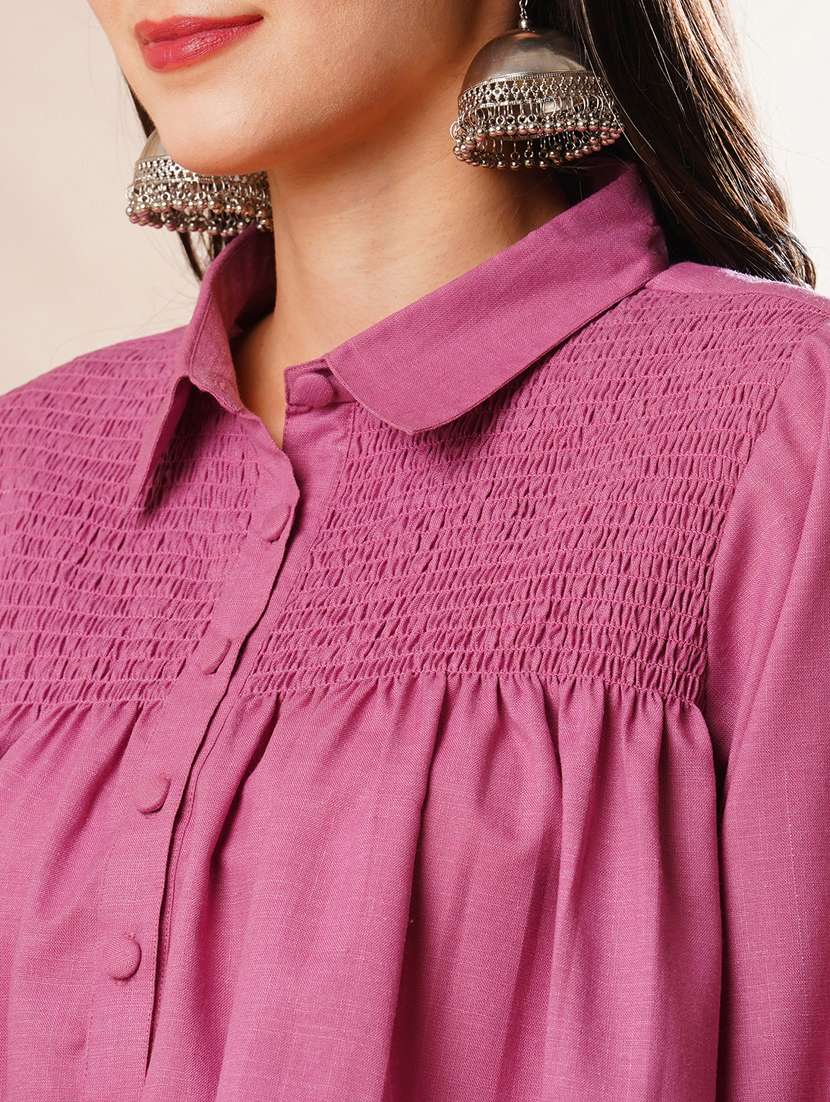 globus women purple shirt collar smocked yoke solid top & straight pants fusion co-ord set - 21178322 -  Standard Image - 4
