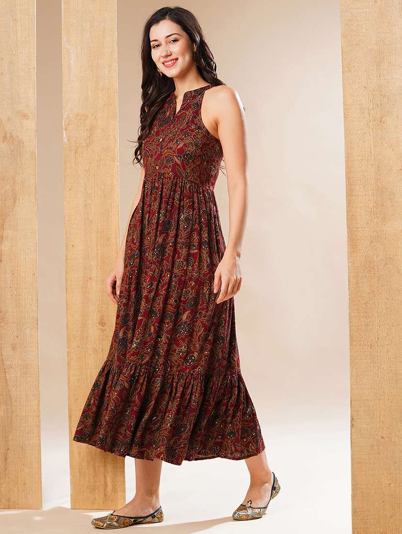 globus women maroon mandarin collar allover floral print tiered fit & flare fusion maxi dress - 21178324 -  Standard Image - 1