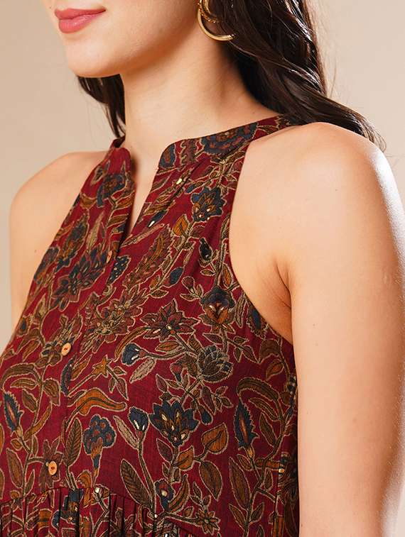 globus women maroon mandarin collar allover floral print tiered fit & flare fusion maxi dress - 21178324 -  Standard Image - 4