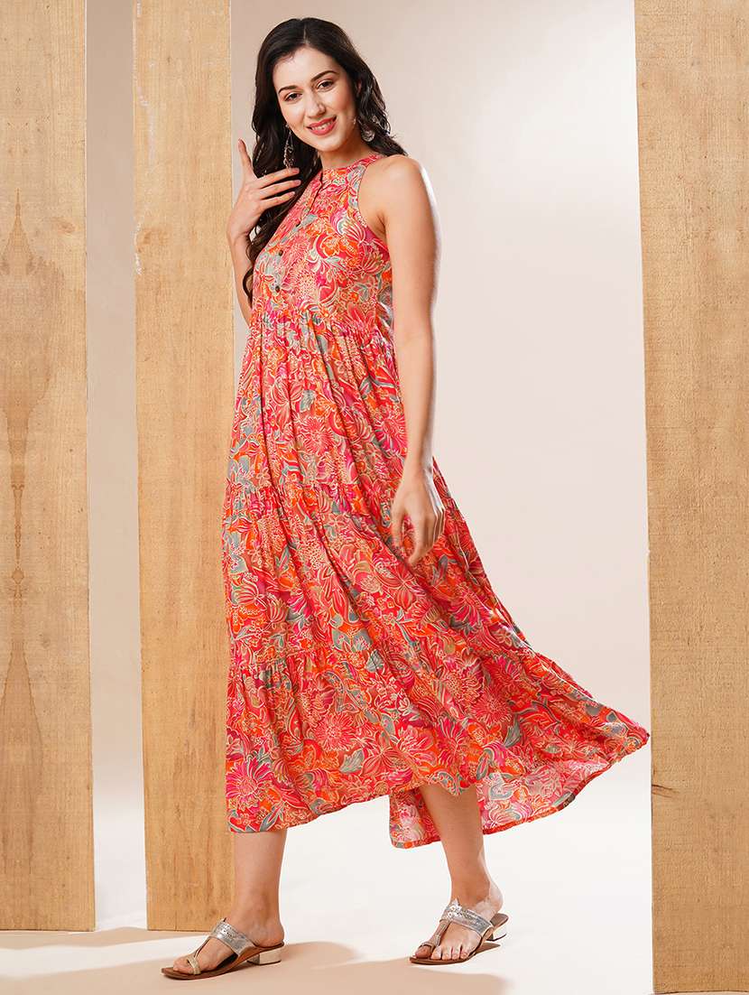 globus women multi mandarin collar allover floral print tiered fit & flare fusion maxi dress - 21178325 - Standard Image - 1