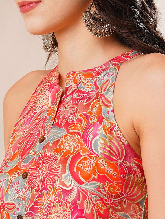 globus women multi mandarin collar allover floral print tiered fit & flare fusion maxi dress - 21178325 - Standard Image - 4