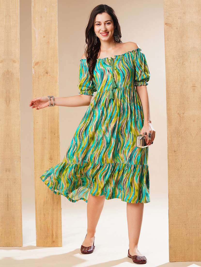 women green abstract printed fit & flare ethnic dress
