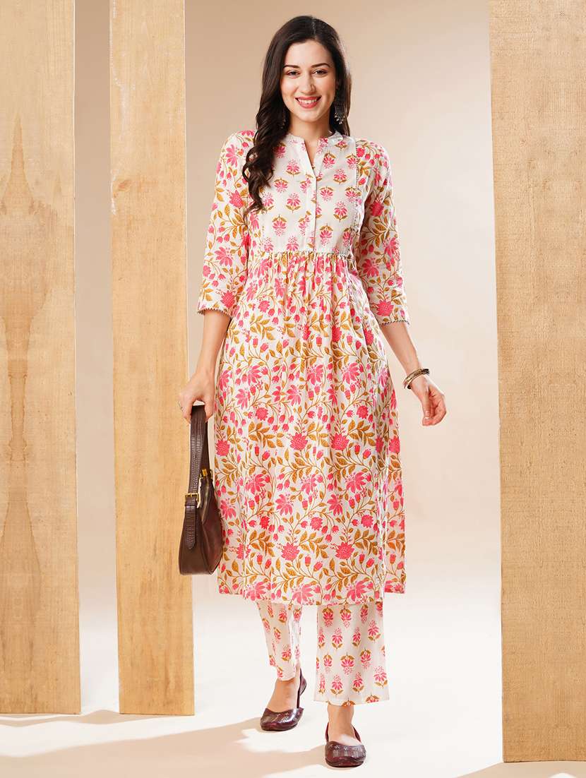 globus women off-white floral print mandarin collar a-line workwear kurta & trouser set - 21178338 -  Standard Image - 1