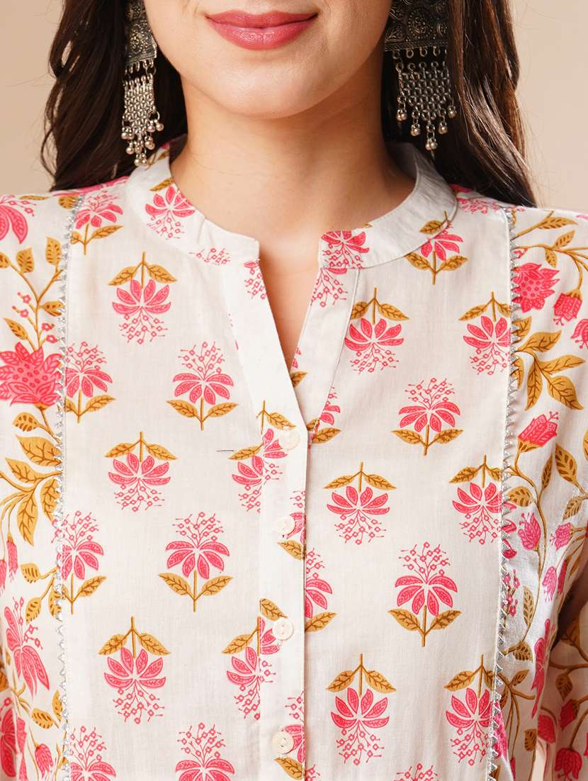 globus women off-white floral print mandarin collar a-line workwear kurta & trouser set - 21178338 -  Standard Image - 4