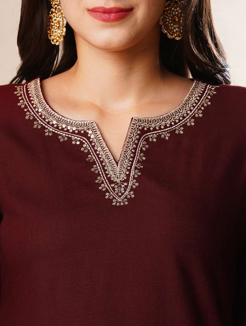 globus women maroon embroidered neckline straight festive kurta set with palazzos & dupatta - 21178342 -  Standard Image - 4