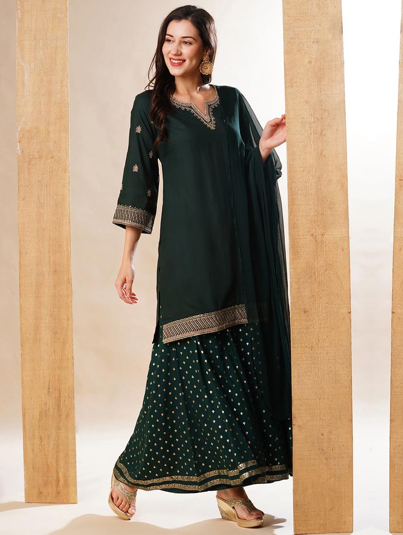 globus women green embroidered neckline straight festive kurta set with palazzos & dupatta - 21178343 -  Standard Image - 1