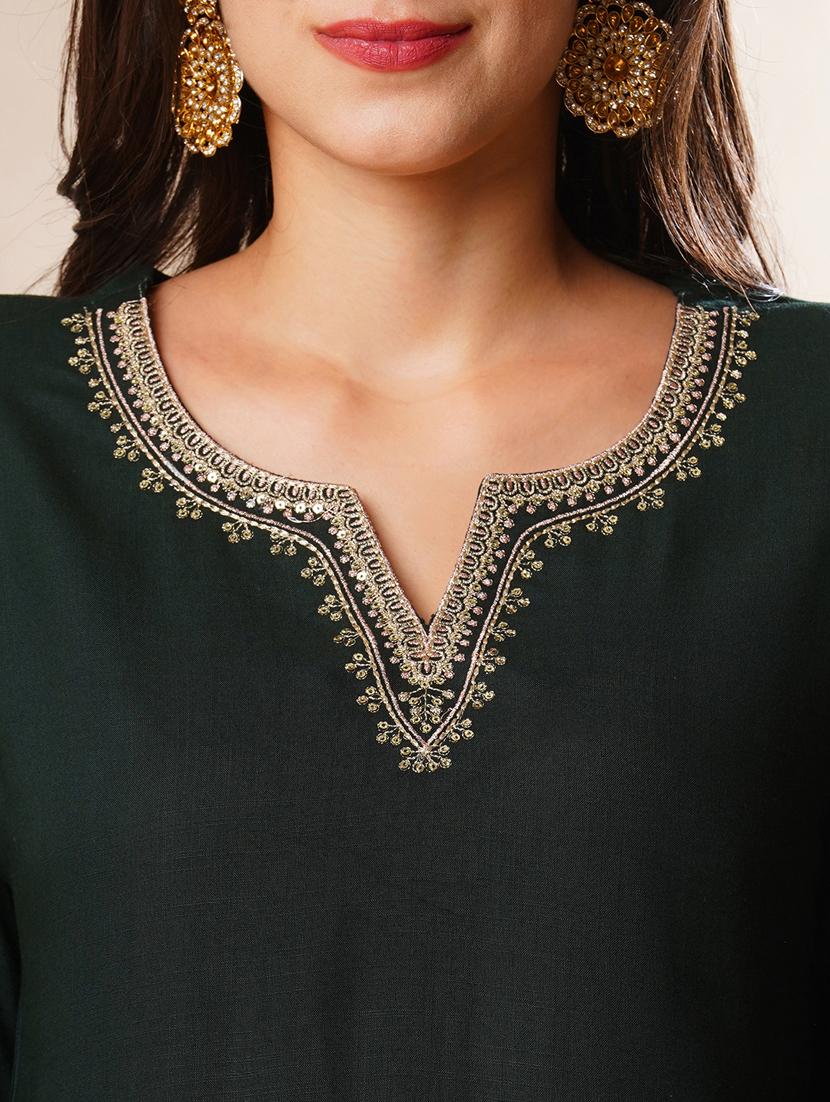 globus women green embroidered neckline straight festive kurta set with palazzos & dupatta - 21178343 - Standard Image - 4
