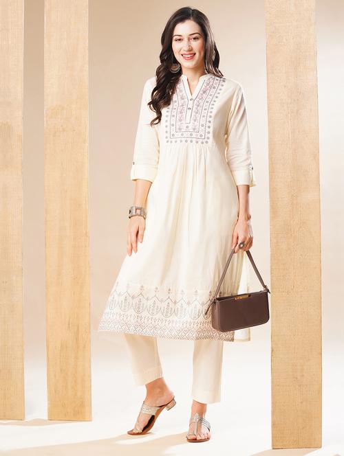 globus women off-white embroidered yoke a-line workwear kurta & pant set - 21178344 - Standard Image - 0
