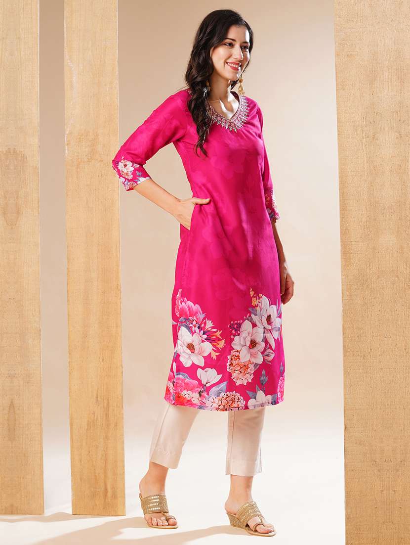 globus women pink embroidered v-neck & allover floral printed straight kurta - 21178346 -  Standard Image - 1