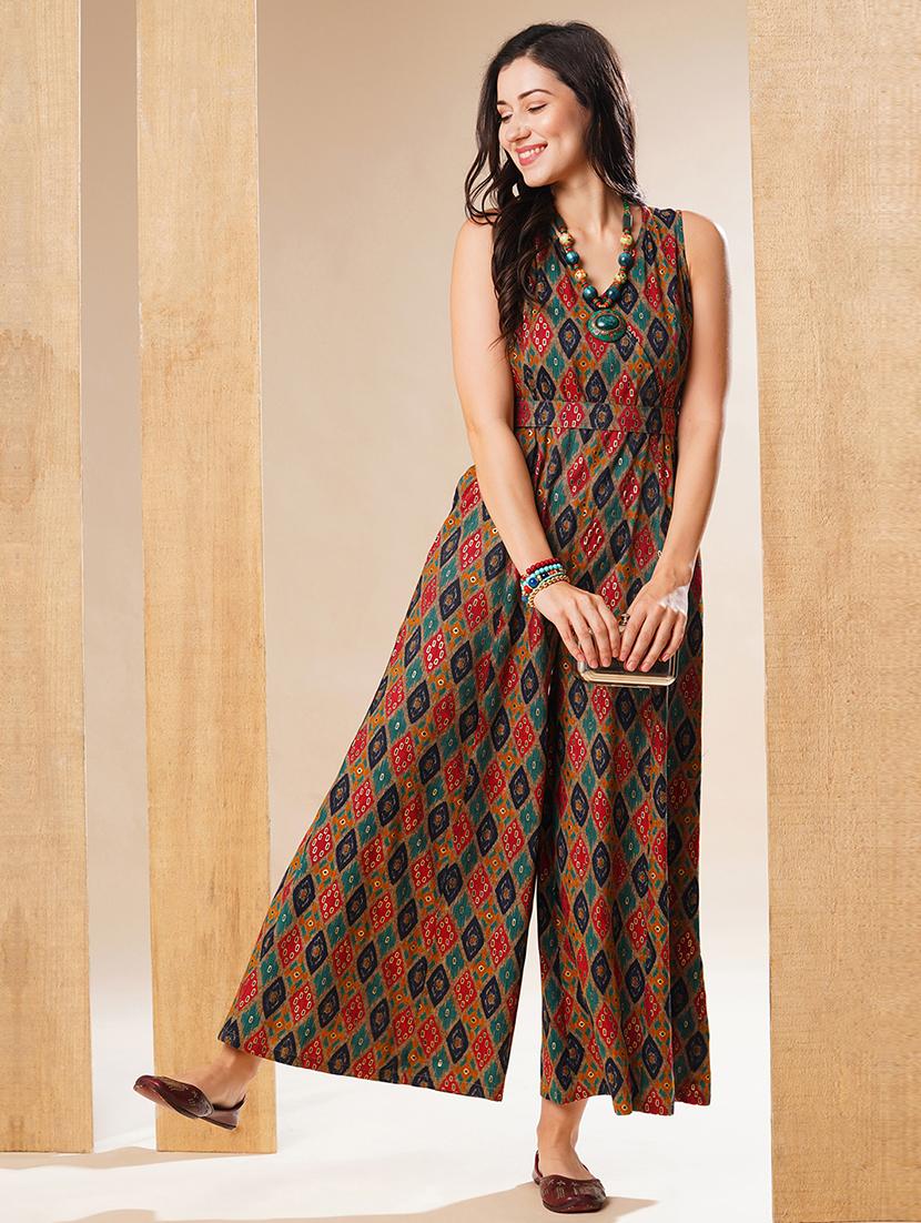 globus women multi ethnic gold foil printed wrap neck belted flared leg fusion jumpsuit