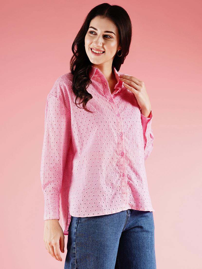 globus women pink cuffed sleeves schiffli design longline workwear shirt - 21178355 - Standard Image - 1